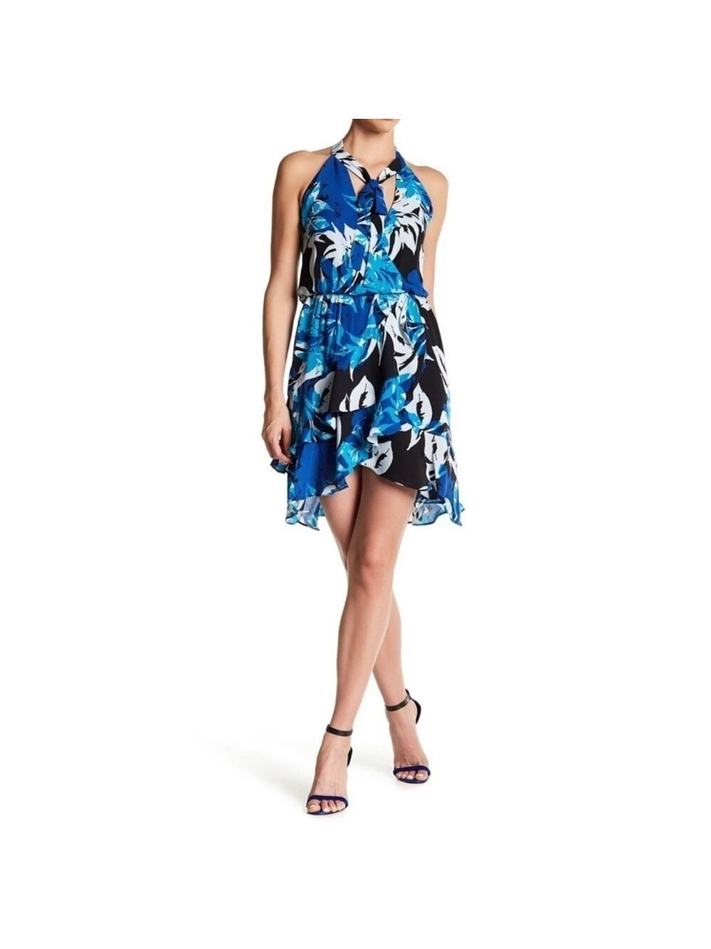 NWT Parker Diane Surplice Bust Tie Neck Floral Ruffle Faux Wrap Dress SZ M Blue
